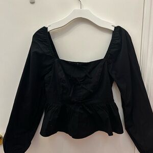 Francesca's Collections Black Peplum Square-Neck Blouse with Tie